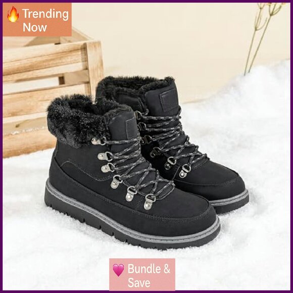 Women's Winter Ankle Boots Fur Lined Non Slip Hiking Snow Boots Zipper - Picture 6 of 8